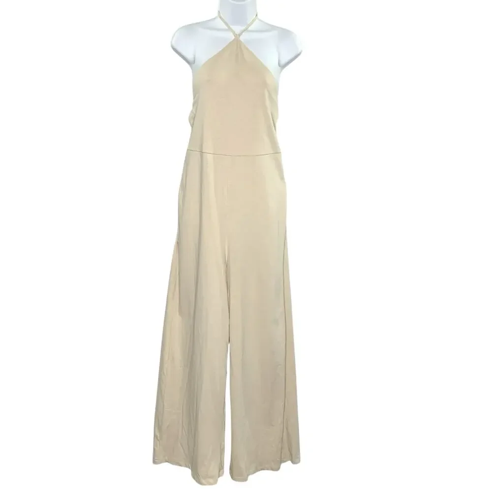 Zara M NEW Halter Top Open Back Ruffle Trim Jumpsuit Beige Travel Summer